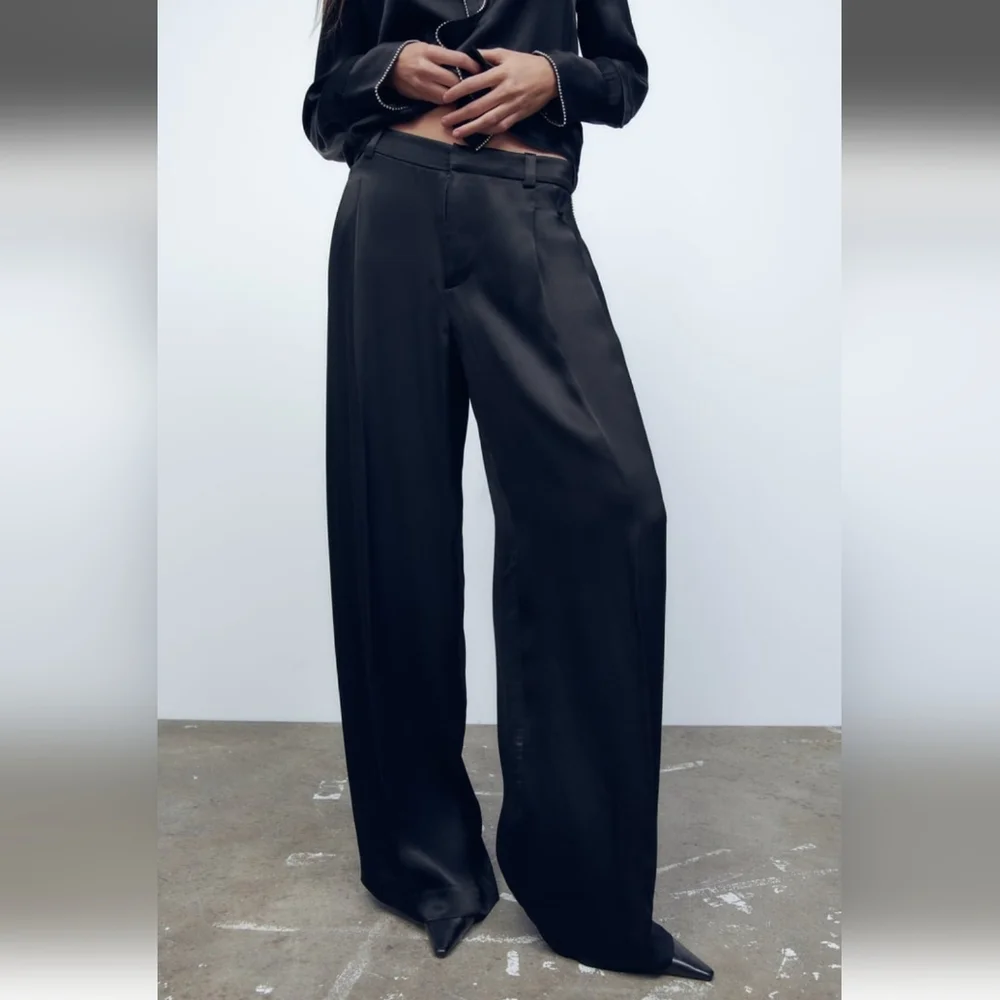 Zara Black Satin Effect Wide Rhinestone Pants Size XS